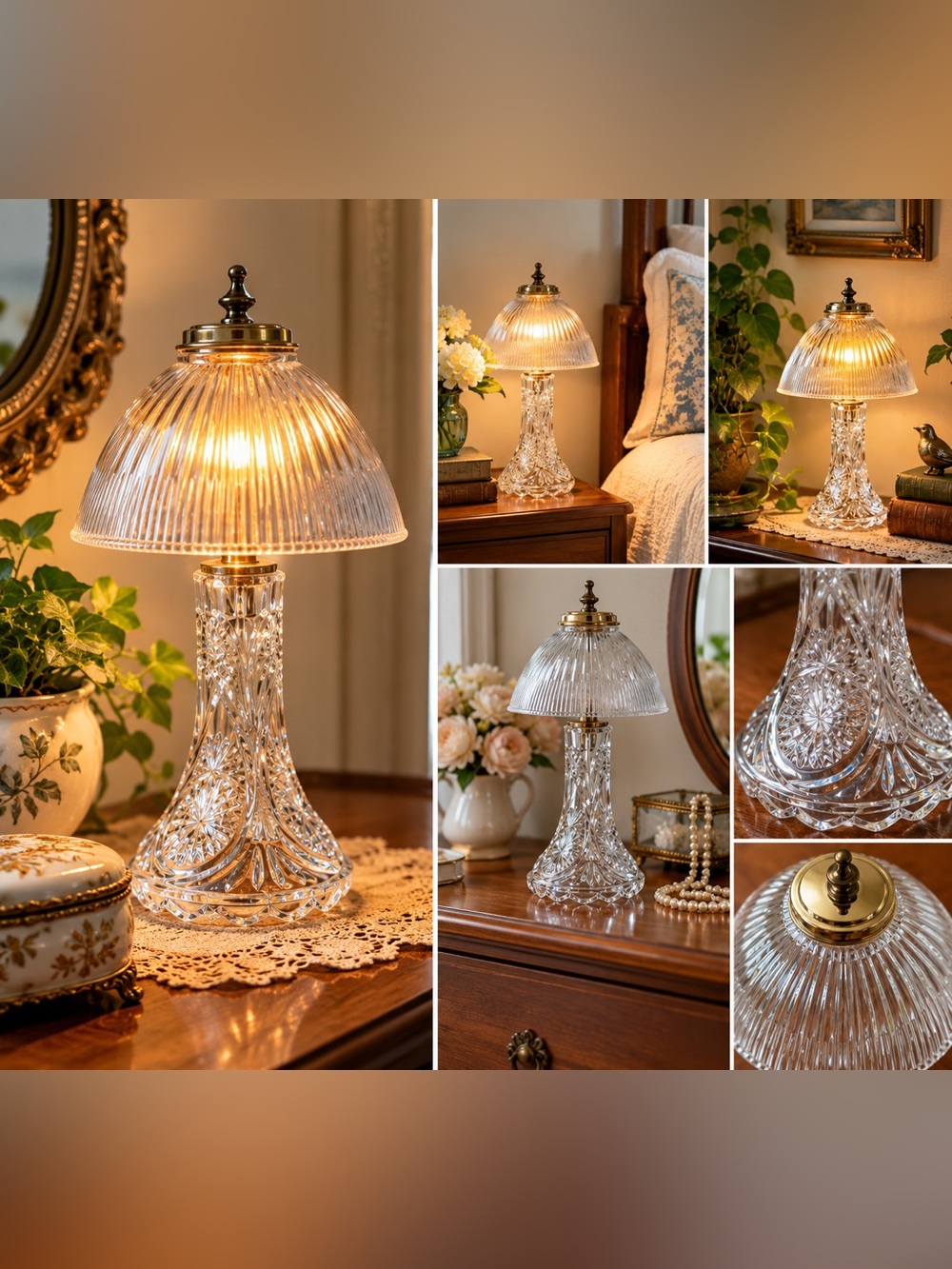 Vintage Pressed Glass Boudoir Lamp with Ribbed Glass Shade